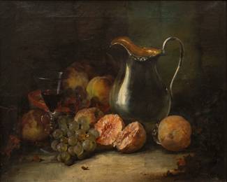 Lot 1007
John F. Francis (American, 1808-1886) Oil on Canvas Ca. 1860-1880, "Still Life with Fruit, Silver Pitcher, And Wine", H 16" W 20"