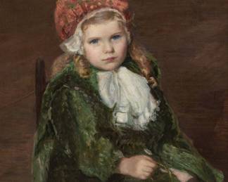 Lot 1003
Lilla Cabot Perry (American, 1848-1933) Oil on Canvas "Portrait of a Girl in a Red Bonnet", H 27" W 21"