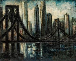 Lot 1009
Adolph Arthur Dehn (American, 1895-1968) Oil on Canvas, 1944, "Queensboro Bridge & Manhattan Skyline", H 24" W 31.5"