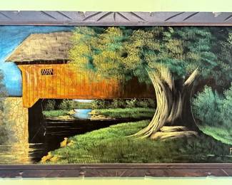  06 Hand Painted Oil On Velvet Framed Painting Of A Covered Bridge