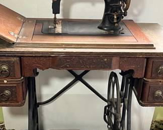 Antique White Sewing Machine Table on Casters Upstairs 