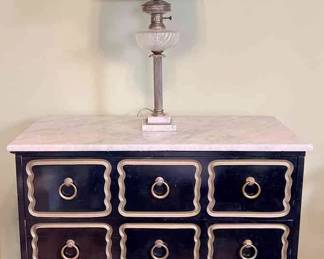 MarbleTop Black and Gold Toned Dresser with Dovetail Joints  MarbleBase Lamp  Upstairs 