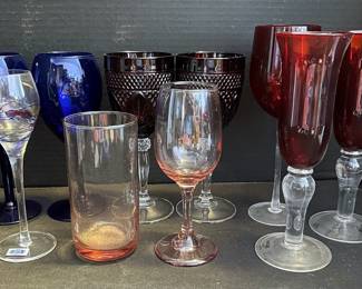 Assortment of Blue Red Crystal Drinking Glasses