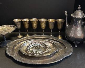 SilverPlated Teapot, Goblets,  Serving Trays
