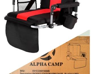 Two Black Red Alpha Camp Padded Stadium Arm Chairs  New in Box