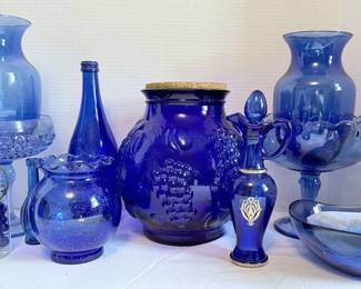 Blue Glass Vases, Indiana Glass Compotes, Bottles, More