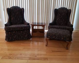 Two wingback chairs with end table/book or magazine shelf