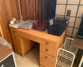 Wood Desk & Tons of Office Supplies paper storage organizers