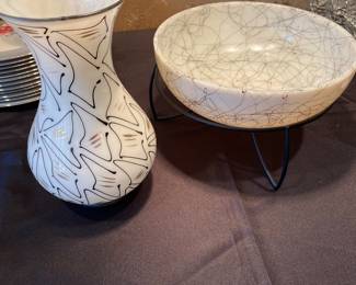 MCM Hand Decorated White milk Glass Vase &   Vintage Hazel Atlas Drizzle Black serving bowl with stand.