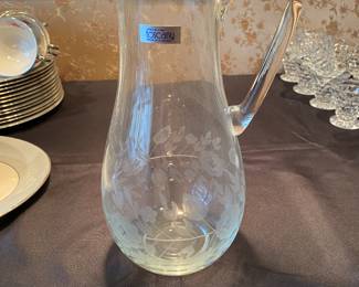 Toscany Virna Hand Blown Glass Pitcher Romania Etched Design Floral