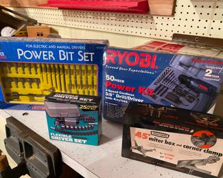 Ryobi Drill in case with extras - Drill bits - miter Box