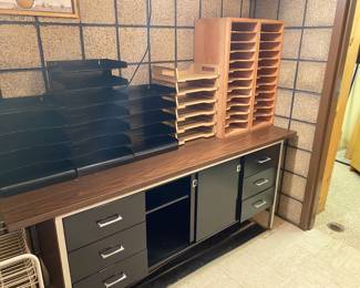 Vintage Metal credenza sideboard &                                   
  Tons of Office Supplies metal & plastic paper storage Shelves / organizers
