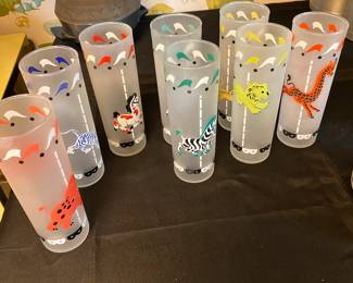 Libbey Circus Carousel Animal Frosted Glasses Set Of 8 1950’s