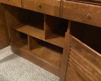 Ethan Allen Mid Century Shutter Door Cabinet with upper Cabinet Bookcase in Maple with Nutmeg Finish