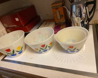 Full set of 4, Fire King Tulip Decorated Mixing bowls