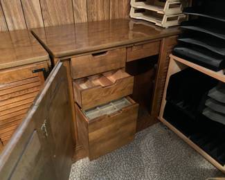 Ethan Allen Mid Century Shutter Door Writing Desk Cabinet with Storage in Maple with Nutmeg Finish