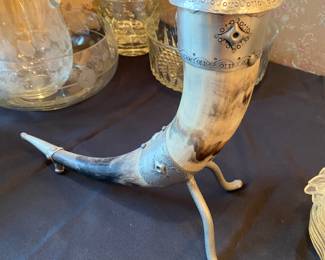 Vintage Pewter and Hand Cast Norwegian Cow Horn Drinking horn - Unique Folk Art Decoration