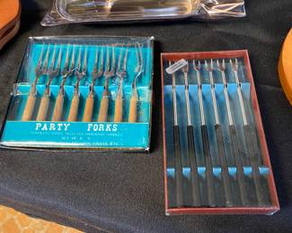 Vintage Party Condiment Forks, Harwood Handles & Stainless &    Vintage Set of 6 Stainless Steel Fondue Forks Wood Handle & Stainless Steel Stako Midcentury MCM Tray Spatula Serving Sardines Olives Sweden