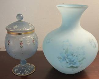 Vintage Norleans Hand Painted Blue Satin Vase From Italy