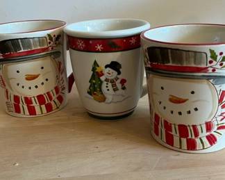 3 Longaberger Pottery Snowman Mugs