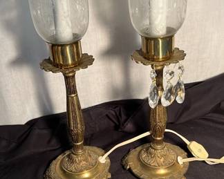 Pair Of Golden Brass Embossed Hurricane Lamps