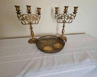 2 Brass Candle Holders And 1 Brass Tray