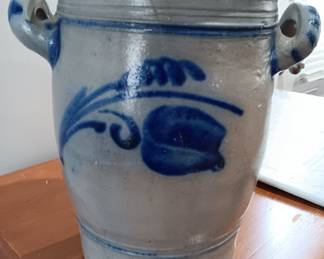 Beautiful vintage cobalt grey, salt-glazed, earthenware jug. It is eight tall and eight inches wide from the end of one handle to another.