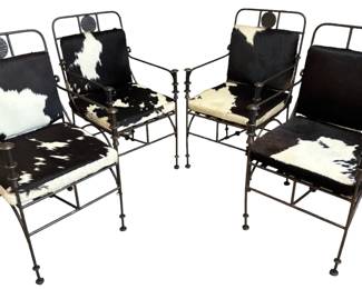 Brutalist Rustic Iron Campaign Chairs in Cowhide; Set 4