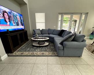 3-Pc Blue Upholstered Sectional and 85" Sony Flatscreen TV