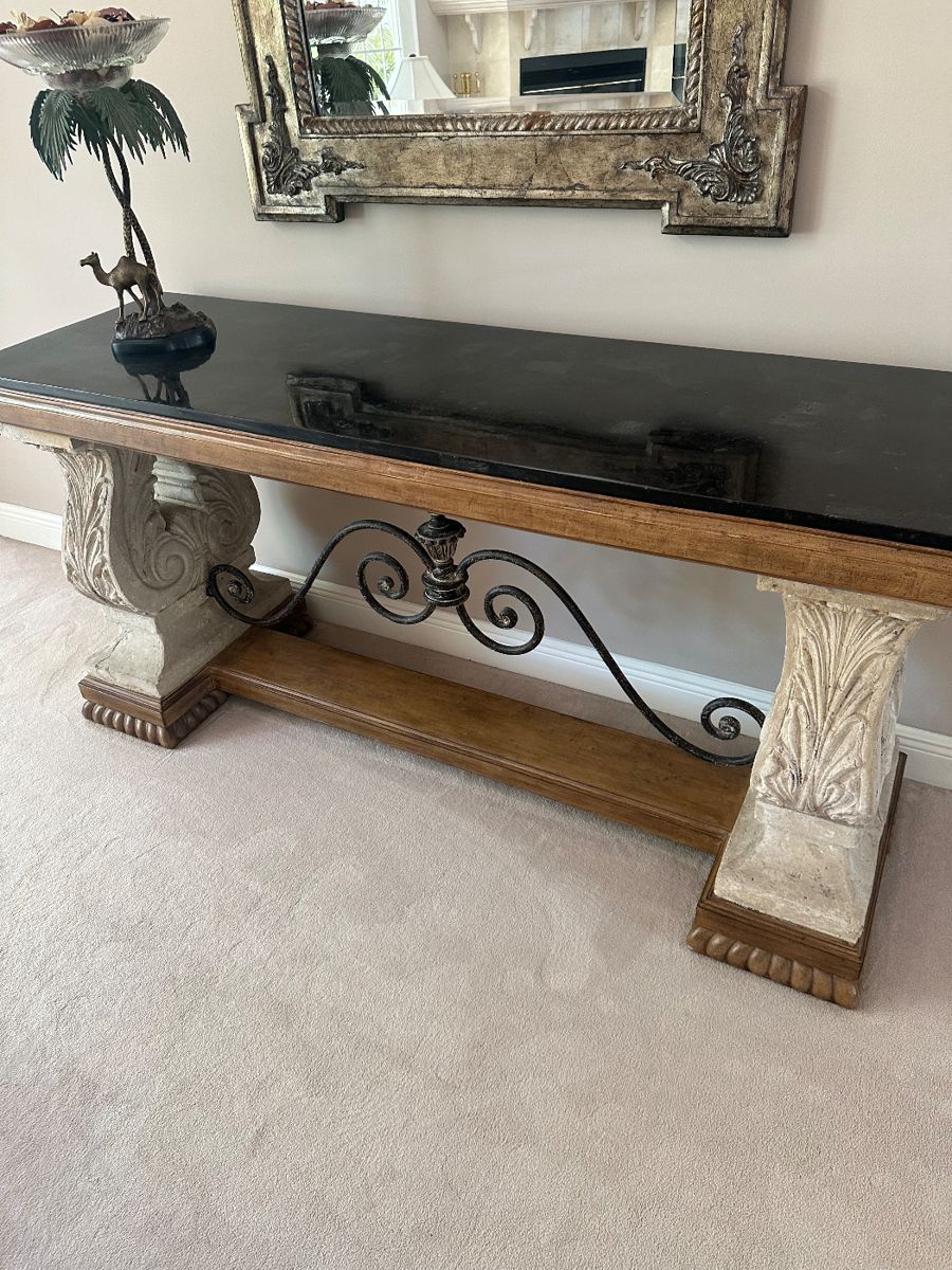 Vintage Spanish colonial style tessellated stone top console table 20th century. 72 width by 24 depth by 35 height.
