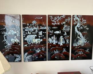 4 Oriental wall panels, Asian scenes with mother ofpearl inlays
