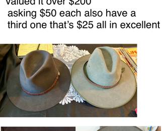 Akubra Banjo Paterson Premium Fur Felt Aussie one of the hats is this brand
Valued over $200 excellent condition
Ask you $50 each on the men’s hats. I have a second hat Australia leather excellent condition $25.
