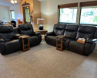 Quality, leather couch, electric leg, and head adjustment, USB port for charging cell phone like new condition $200 for the couch $200 for the loveseat like new condition over $2000 when purchased great buy 
$30 for the little end tables with slate they’re really cool