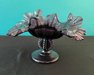 Amethyst carnival glass ruffled pedestal dish  