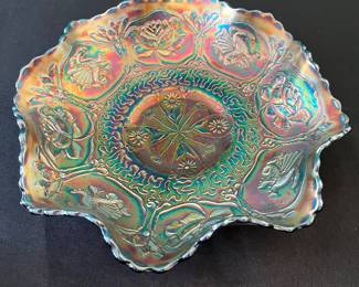 Fenton lotus & dragon iridescent carnival glass ruffled bowl
