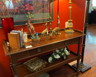 3 tier display shelf , brass candle holders , brass deer, Franklin Mint bird collection pieces 