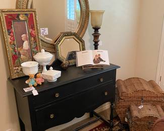 Antique cabinet, mirror , art, milk glass 