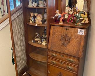 Antique writing desk and display cabinet , mantel clock, figurines 