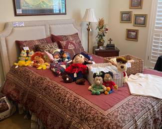 Queen bed, vintage baby  clothes , vintage stuffed toys- strawberry shortcake, Fievel, Mickey, 