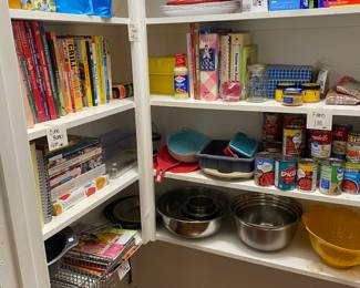 Cook book collection, mixing bowls , food items 
