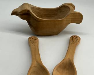 2 HANDMADE WOOD SPOONS AND WOOD CARVED BOWL