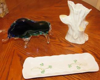Two pieces of Belleek and colored glass bull.