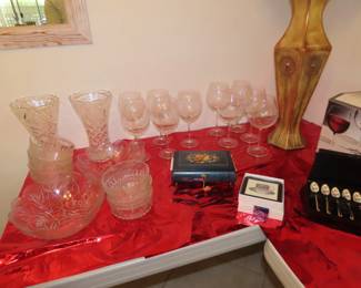 Stemware, vases and Thorens musical jewelry box.