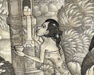 Old Balinese Ink/Painting on Linen, Carved Framed