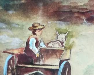 Watercolor on Board Horse Cart Trees