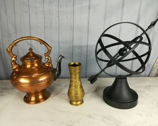 Copper Tea Pot, Brass Vase, Metal Armillary Sphere