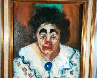Clown Oil on Canvas Framed Signed Kay