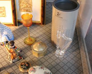 Swarovski harp; Tiffany mini goblet; Herend trinket box