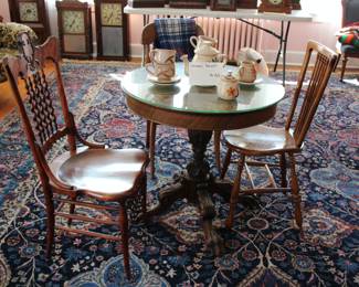 Assorted antique chairs & inlaid table