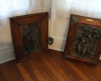 Pair white metal relief plaques